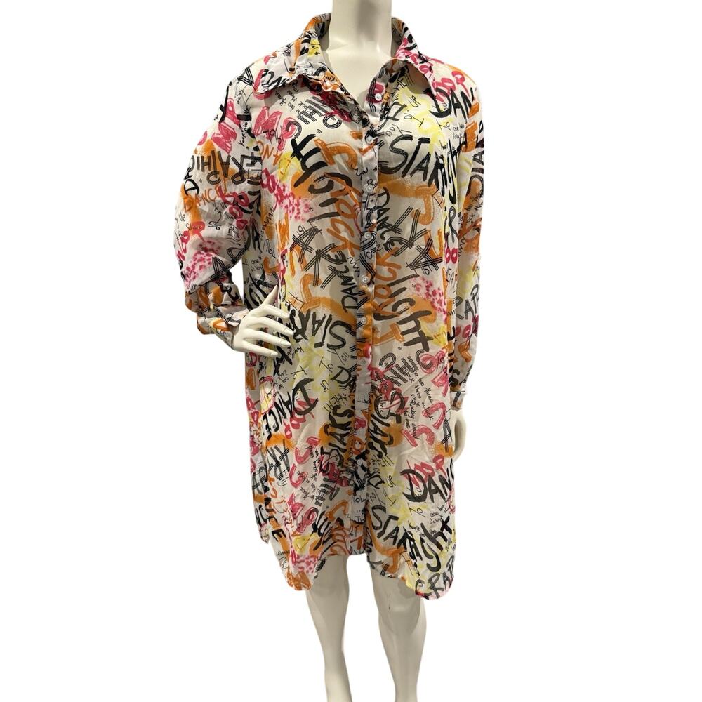 LIVE 4 TRUTH Women Button Up Long Tunic Top Size M Sheer No Camisole Graffiti